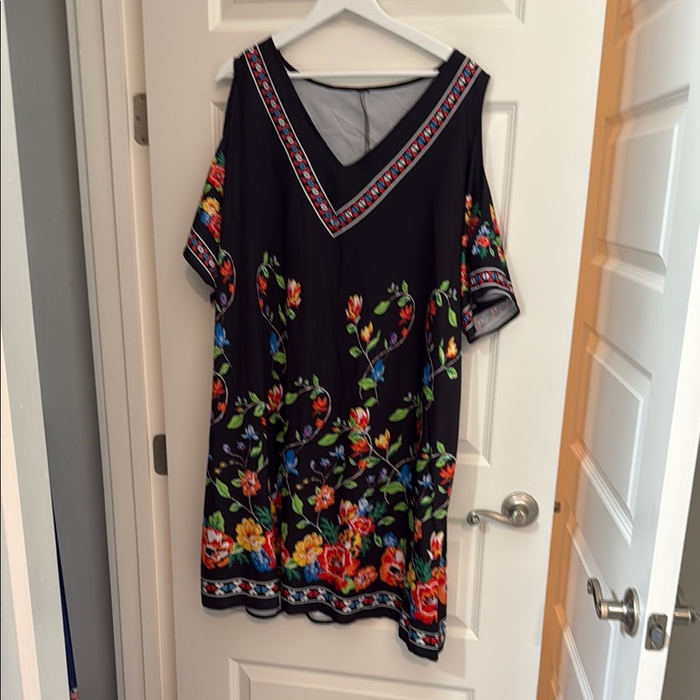 Floral Embroidered V-Neck Dress with shoulder exposed sleeves